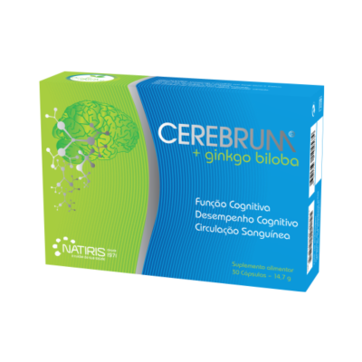 Caixa azul e verde do suplemento alimentar CEREBRUM + ginkgo biloba