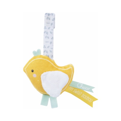 Brinquedo de peluche de pássaro amarelo com asa branca e fitas coloridas