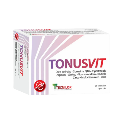 Caixa branca de suplemento alimentar TONUSVIT com texto em roxo e vermelho