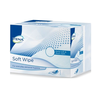 Caixa branca e azul de lenços húmidos TENA Soft Wipe