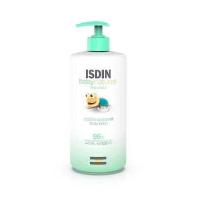 Frasco de loção corporal ISDIN babynaturals com doseador verde claro