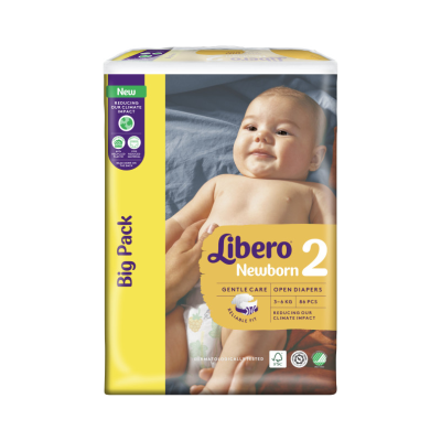 Embalagem de fraldas Libero Newborn 2, amarela com imagem de bebé e texto promocional