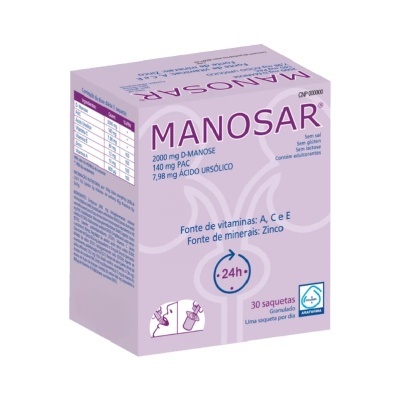 Caixa lilás de suplemento Manosar com texto e selo Arafarma