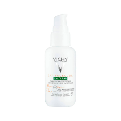 Frasco branco Vichy Capital Soleil UV-Clear FPS 50+ para proteção solar