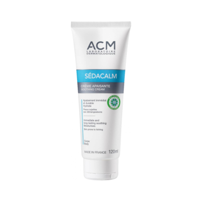 Tubo branco de creme hidratante corporal ACM Sédacalm com detalhes azuis e cinza, 120 ml.