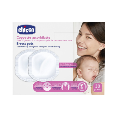 Embalagem de discos absorventes para seios da marca Chicco com imagem de mãe e bebé