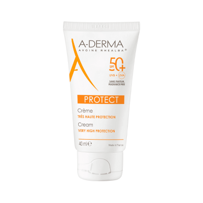 Frasco branco de creme protetor solar A-DERMA SPF 50+