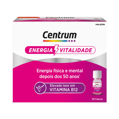 Embalagem suplemento vitamínico Centrum Energia Vitalidade com texto em português