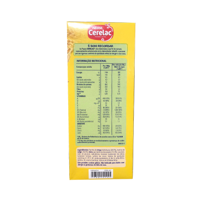 Caixa amarela do produto Nestlé Cerelac com informações nutricionais em português.