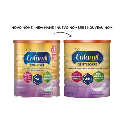 Latas de fórmula infantil Enfamil Premium CONFORT e GENTLECARE lado a lado com design amarelo dourado e roxo