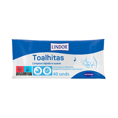 Pacote de toalhitas Lindor azul e branco com texto em português