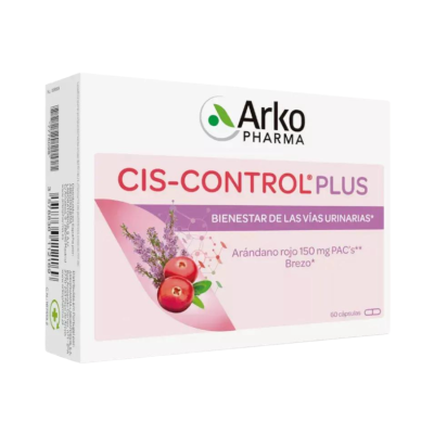 Produto farmacêutico CIS-CONTROL PLUS da Arko Pharma com ilustração de arandos e flores
