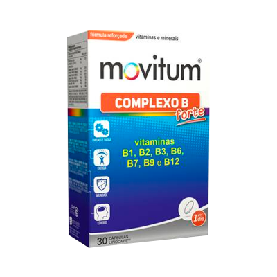 Embalagem de suplemento vitamínico Movitum Complexo B forte com indicações das vitaminas B1 a B12