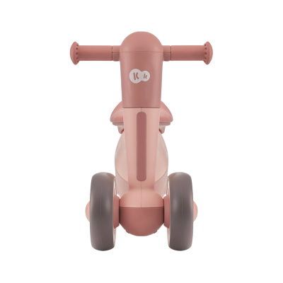Bicicleta infantil rosa vista de frente com quatro rodas cinzentas