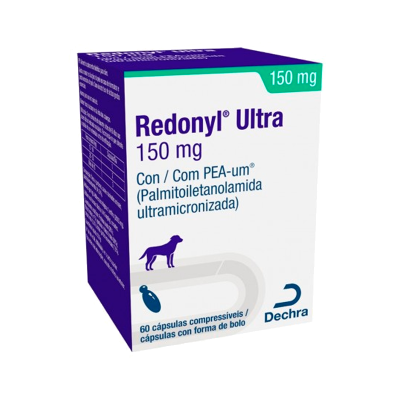 Caixa de medicamento Redonyl Ultra 150 mg para veterinária, embalagem branca e roxa com texto e desenho de cão.