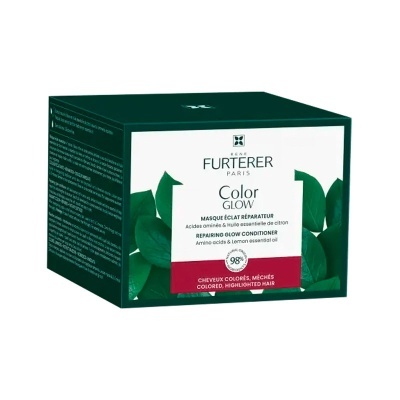 Caixa verde escuro com rótulo branco de condicionador para cabelos coloridos Rene Furterer Color Glow.