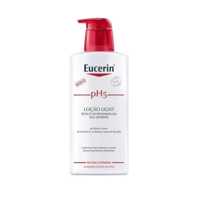 Loção Light Eucerin pH5 em embalagem branca com tampa vermelha