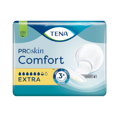 Embalagem azul e amarela do TENA Proskin Comfort Extra com absorvente branco