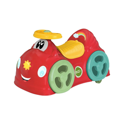 Brinquedo infantil em forma de carro vermelho com rodas verdes e volante amarelo.