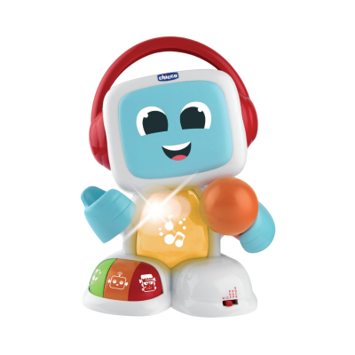 Brinquedo robô colorido com rosto azul e auscultadores vermelhos