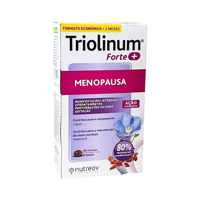 Embalagem do suplemento Triolinum Forte+ Menopausa com texto e imagem de flor e cápsula