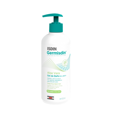 Frasco branco de gel de banho ISDIN Germisdin Aloe Vera com doseador verde