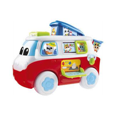 Brinquedo de carrinha colorida com cozinha de brincar e personagens animais nas janelas