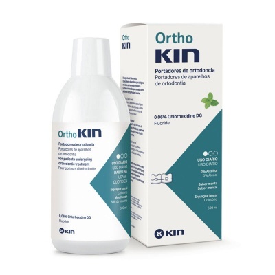 Produto de higiene oral Ortho Kin para portadores de aparelhos ortodônticos com embalagem branca e azul