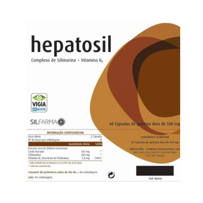 Embalagem de suplemento Hepatosil com Silimarina e Vitamina B6, 60 cápsulas, tons castanho e laranja