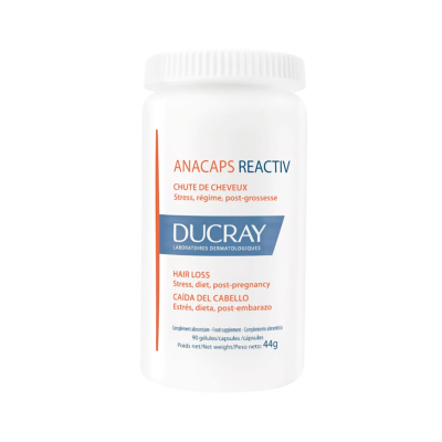 Frasco branco de suplemento alimentar ANACAPS REACTIV da DUCRAY para queda de cabelo