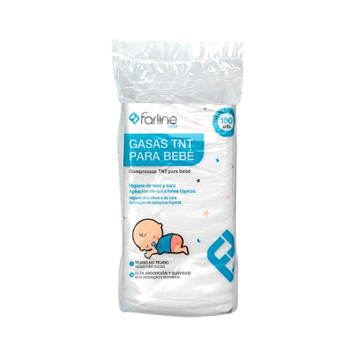 Pacote de gasas TNT para bebé Farline com texto e desenho de bebé