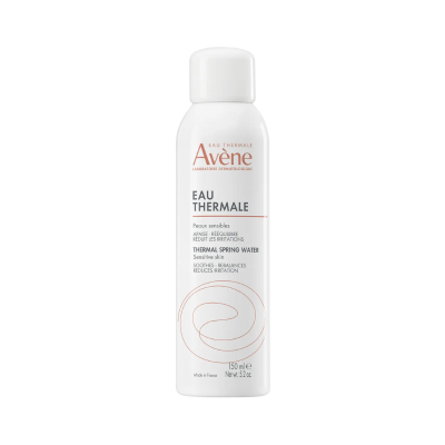 Spray de água termal Avène 150 ml branco com texto em francês e inglês