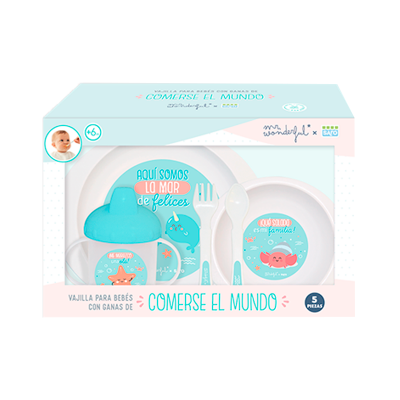 Conjunto de vajilla para bebés azul e branco com ilustrações marinhas e texto em espanhol