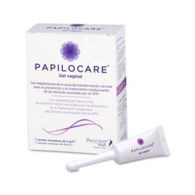 Gel vaginal PAPILOCARE em embalagem branca com texto roxo e tubo com aplicador