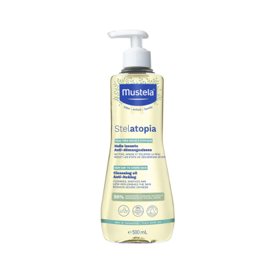 Frasco de óleo de limpeza Mustela Stelatopia 500 mL com tampa de bomba