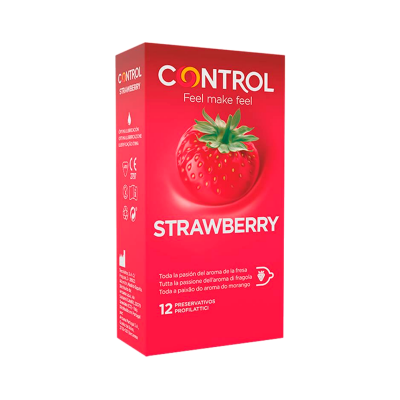 Embalagem vermelha de preservativos CONTROL com imagem de morango e texto em várias línguas