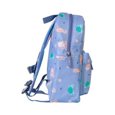 Mochila escolar azul com estampa marinha e bolso frontal
