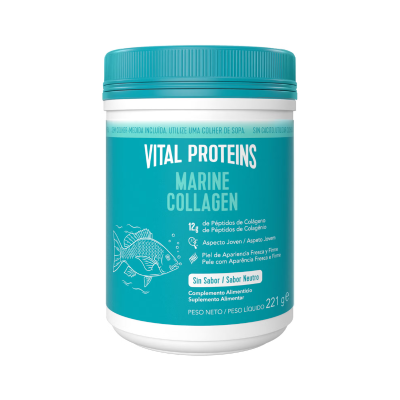 Frasco branco com tampa azul de suplemento Vital Proteins Marine Collagen com texto azul e branco