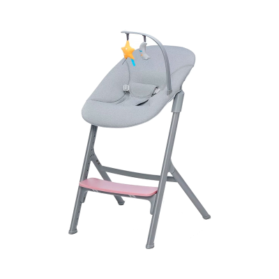 Cadeira alta para bebé com assento cinza e apoio para pés rosa
