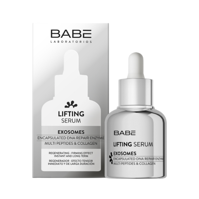 Frasco prateado com conta-gotas e caixa do sérum facial lifting da BABE LABORATORIOS