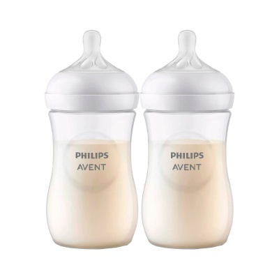 Duas mamadeiras Philips Avent brancas com líquido