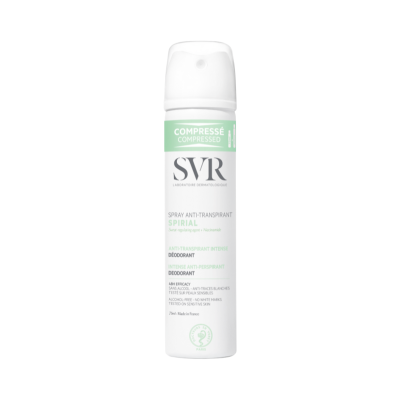 Spray anti-transpirante SVR Spiral branco com texto verde e preto