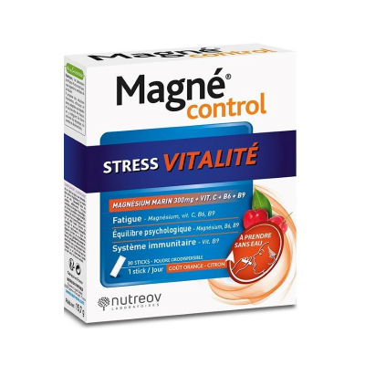 Embalagem branca e azul de suplemento Magné Control Stress Vitalité sabor laranja-citron