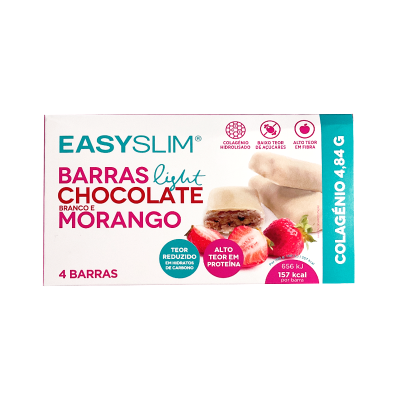 Embalagem de barras de chocolate branco e morango EASYSLIM com texto informativo