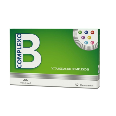 Embalagem verde e branca de vitaminas do complexo B com texto e círculos coloridos