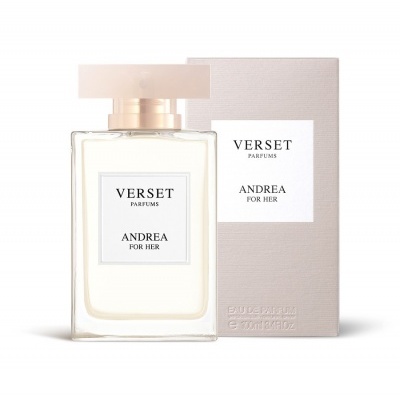 Frasco e caixa do perfume Verset Parfums Andrea For Her cor creme e transparente.
