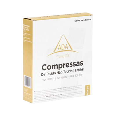 Embalagem branca e dourada de compressas ADA swabs com texto e código de barras