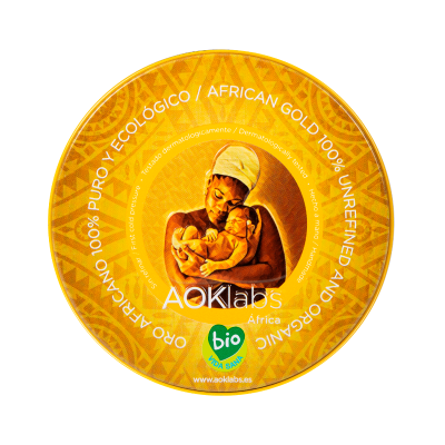 Embalagem redonda amarela com ilustração de mulher africana com bebé e textos do produto AOKlabs África