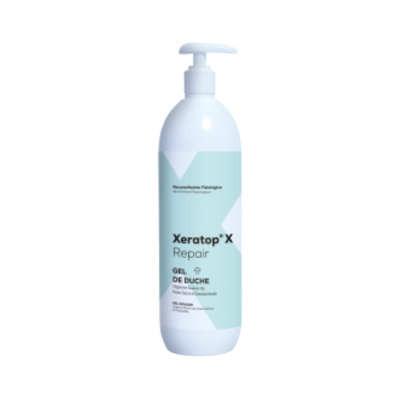 Frasco branco de gel de duche Xeraztop X Repair com rótulo azul claro