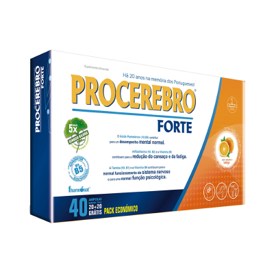 Embalagem de PROCEREBRO FORTE com design branco, azul e laranja